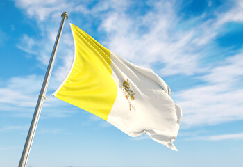3d rendering Vatican City flag waving in the wind on flagpole. Perspective wiev Vatican City flag waving a blue cloudy sky