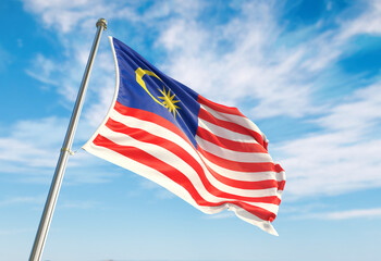 Realistic 3d wave Malaysia flag. flag of Malaysia waving against the backdrop of a blue sky