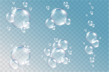 Flying transparent vector soap bubbles on abstract background. Colorful glass ball or sphere template