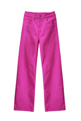 Fuchsia color jeans isolated on white. Trending clothing. Pink pants.