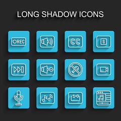 Set line Microphone, Music note, tone, Record button, Repeat track music player, Speaker mute, Play video and Mute microphone icon. Vector