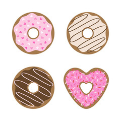 Donuts vector illustration set. Sweet donuts with different toppings. Isolated.