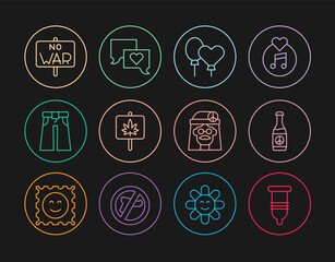 Set line Condom, Beer bottle, Balloons, Marijuana, Jeans wide, No war, Hippie girl and Speech bubble chat icon. Vector