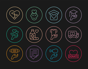 Set line Donation and charity, Humanitarian truck, Shelter for homeless, Medicine bottle pills, Heart hand, Leaf heart, Clothes donation and Volunteer icon. Vector
