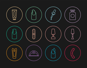 Set line Nail file, polish, Pipette with oil, manicure, Tube of hand cream, Milling cutter for and Broken nail icon. Vector