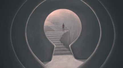 Success hope ambition and dream concept. Surreal artwork. Businessman with a stair in a key hole gate, business background 3d illustration. painting