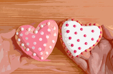Illustration of Pink and white dotted heart shaped cookies in couple's hands put together on wooden backdrop