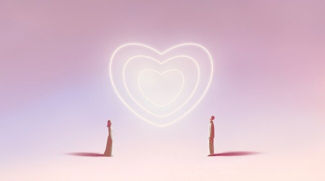 Concept idea of love and romance. Surreal painting of a man and a woman with the light of heart. conceptual artwork. Valentine day.