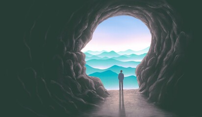 A man with a human head cave, idea concept of thinking  hope freedom and mind , surreal artwork, dream art , fantasy landscape, imagination spiritual of nature