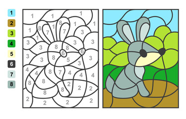 Simple level vector coloring wild animal hare or rabbit, color by numbers. Puzzle game for children education