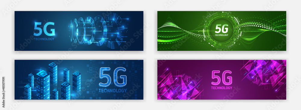Fototapete The global wireless standard for websites. 5G high-speed, media cover design. Horizontal header web background. High tech design with technological elements. Science and digital technology concept.
