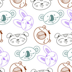 Cute funny vector seamless pattern with hand drawn cute colored animal faces koala, bear, hare, dog on white background. Naive children's decoration. Pattern for printing on fabric, clothes, wrapping 