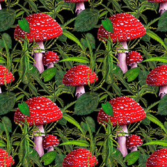 Seamless watercolor pattern with red fiy agaric and foliage and nettle on a black background, hand drawing, ideal for wrappers, wallpapers, fabrics, textiles.