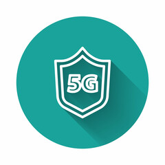 White line Protective shield 5G wireless internet wifi icon isolated with long shadow. Global network high speed connection data rate technology. Green circle button. Vector