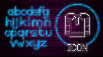 Glowing neon line Embroidered shirt icon isolated on brick wall background. National ukrainian clothing. Neon light alphabet. Vector