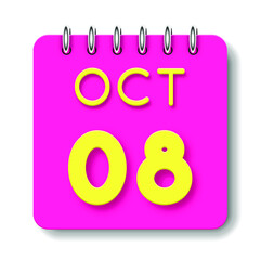 08 day of the month. October. Cute calendar daily icon. Date day week Sunday, Monday, Tuesday, Wednesday, Thursday, Friday, Saturday. Neon yellow. Pink Paper. White background.
