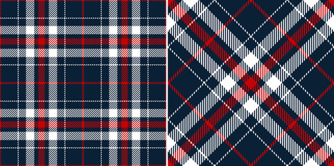 Check plaid pattern in navy blue, red, white. Seamless classic tartan set for for spring summer autumn winter flannel shirt, pyjamas, dress, jacket, scarf, other modern fashion fabric design.