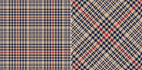 Tweed check plaid pattern in brown, beige, red, navy blue. Seamless dark tartan vector illustration set for dress, jacket, skirt, scarf, other modern spring autumn winter fashion fabric design.