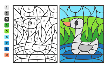 Simple level vector coloring farm animal bird goos, color by numbers. Puzzle game for children education