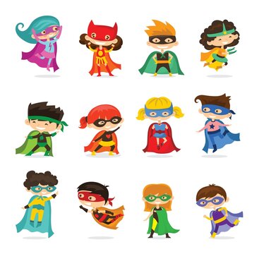 Vector illustrations of boy and girl children superheroes in funny comics costume