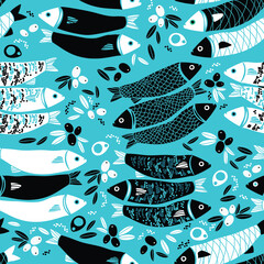 Anjovis, canned fish, blue food themed surface design