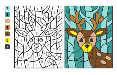 Simple level vector coloring wild animal deer, color by numbers. Puzzle game for children education