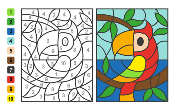 Simple Level Vector Coloring Zoo Animal Parrot Bird, Color By Numbers. Puzzle Game For Children Education