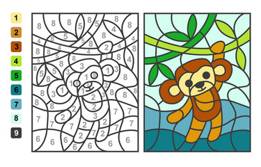 Simple level vector coloring zoo animal monkey, color by numbers. Puzzle game for children education