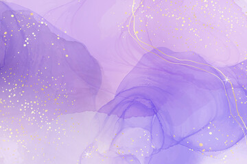 Violet lavender liquid watercolor marble background with golden lines. Pastel purple periwinkle alcohol ink drawing effect. Vector illustration design template for wedding invitation, menu, rsvp - 485881923