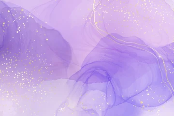 Foto op Aluminium Violet lavendel vloeibare aquarel marmeren achtergrond met gouden lijnen. Pastel paars maagdenpalm alcohol inkt tekeneffect. Vector illustratie ontwerpsjabloon voor huwelijksuitnodiging, menu, rsvp © svetolk
