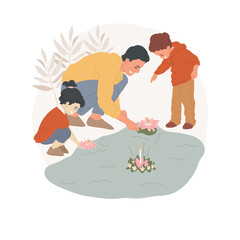 Loy krathong festival abstract concept vector illustration. Thai people celebrating Loi Krathong holiday together, Buddhist religious festivals, holy days, spirituality belief abstract metaphor.