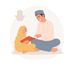 Reading Quran abstract concept vector illustration. Muslim religious tradition, father and kid read koran together, everyday ritual, faith and belief, Islamic holy book abstract metaphor.