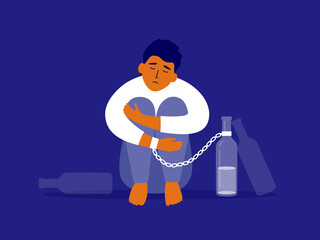 Male alcoholism concept. Upset drinker man chained to alcohol drink bottle sitting hugging knees. Sad drunk guy, exhausted alcoholic person. Social issue, alcohol abuse, addiction. Vector Illustration