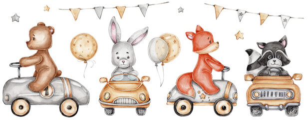 Set with animals on cars, balloons and garland; watercolor hand drawn illustration; with white isolated background