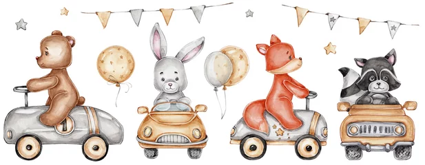 Foto auf Acrylglas Set mit Tieren auf Autos, Ballons und Girlanden  Aquarell handgezeichnete Illustration  mit weißem hintergrund isoliert © Нина Новикова