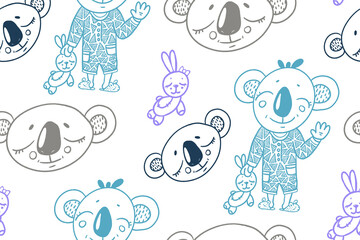 cute funny vector seamless pattern with hand drawn sleepy koala her toy, naive childish ornament. pattern for printing on fabric, clothes, wrapping paper, wallpaper for a children's room, children's t