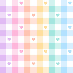 Hearts pattern for Valentine Day in pastel colorful lilac purple, pink, orange, yellow, blue, green, white. Seamless colorful geometric gingham tartan check plaid vector for spring summer gift paper. - 485883786