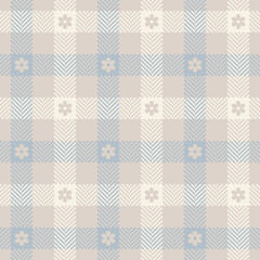 Gingham check pattern with camomile flowers in soft cashmere blue and beige. Seamless geometric floral tartan plaid for dress, jacket, skirt, scarf, other modern spring summer fashion textile print.