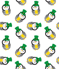 Vector seamless pattern of flat cartoon penguin leprechaun isolated on white background