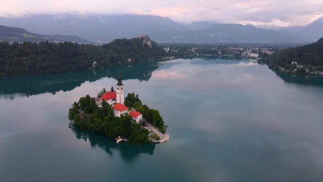 Drone View Over Bled Lake in Slovenia. Bled Island with Church at Sunrise.