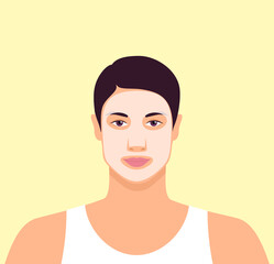 Handsome caucasian man with facial sheet mask on his face. Daily skin care routine