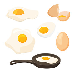 Chicken cartoon eggs in various forms. Fresh whole, boiled and fried egg in a pan. Baking and cooking ingredients. Eggshell and proteins. Vector illustration isolated on white background.	