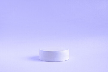 Podium for cosmetic product presentation. Abstract minimal geometrical form. Cylinder podium sphere, geometric forms, soft shadow. Scene to show products. Showcase, display case. Flat lay, side view