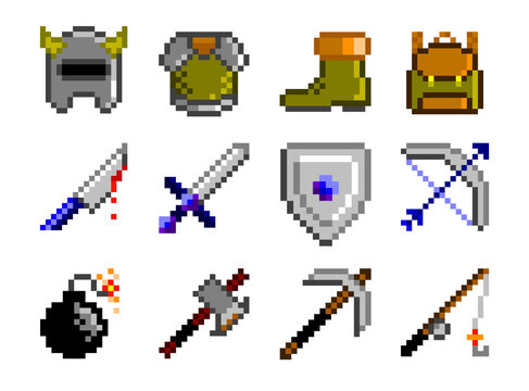 Weapons, Armor And Tools Pixel Art Set. Game Assets Vector Illustration, Editable