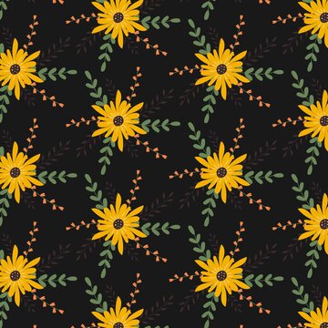 Vector pattern with flowers and twigs in a flat style on a dark background © Irina Shcherbakova