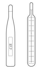 Hand drawn images of two thermometers, mercury and electronic.