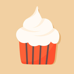 Cute cupcake vector illustration in flat style isolated on pastel background. Sweet creamy dessert design