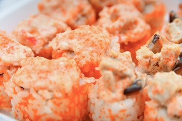 Sushi set. Various rolls, maki, nigiri in assortment in plastic packaging.