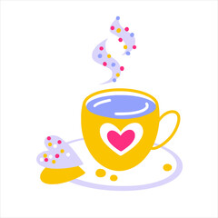 An icon of cup of coffee with heart-shaped cookies. Hand drawn vector illustration for valentine cards, gifts and souvenirs.