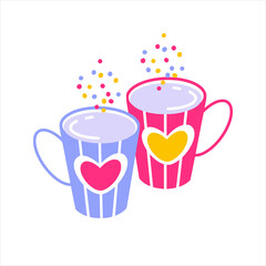 An icon of two cups of coffee or tea with heart pattern. Hand drawn vector illustration for valentine cards, gifts and souvenirs.